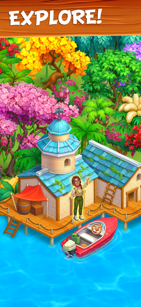 Family Farm - Farming Game - Female character next to a red motorboat and a lighthouse on a colorful tropical island.