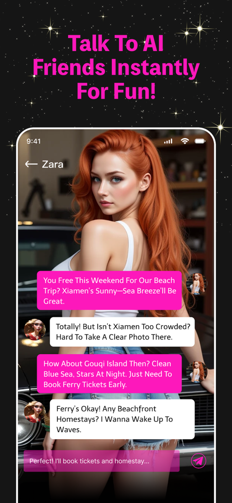 Anivibe mobile app screen showing a chat conversation with a redheaded AI companion named Zara