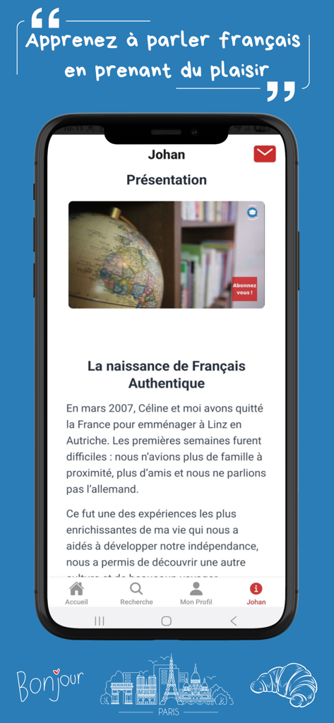 Français Authentique - A mobile screen showing the presentation and story of the founder within the Francais Authentique app
