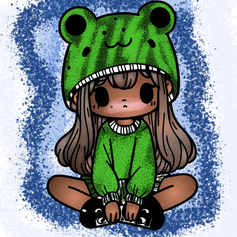 a girl wearing a frog hat and some frog socks