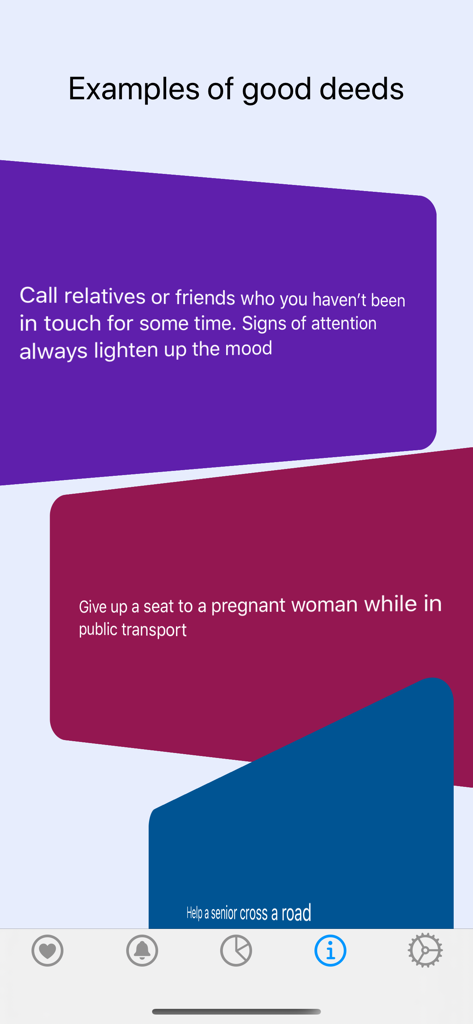 Interface de l'application mobile GoodDeed affichant une liste de suggestions d'actes de gentillesse tels que téléphoner à des proches et aider les autres dans les transports publics.