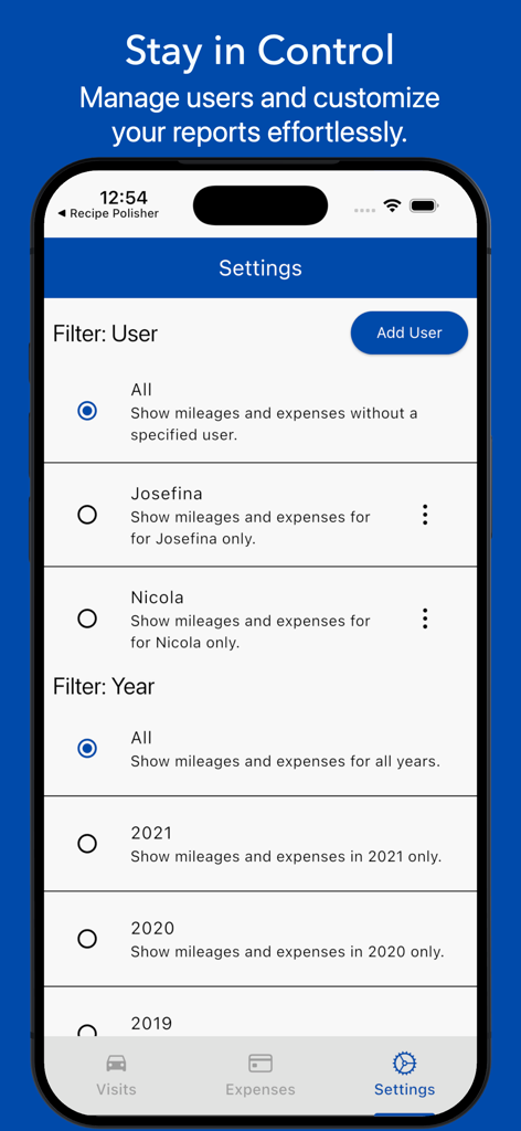 Settings screen of the Medical Expenses Log app showing options to filter reports by user and year.