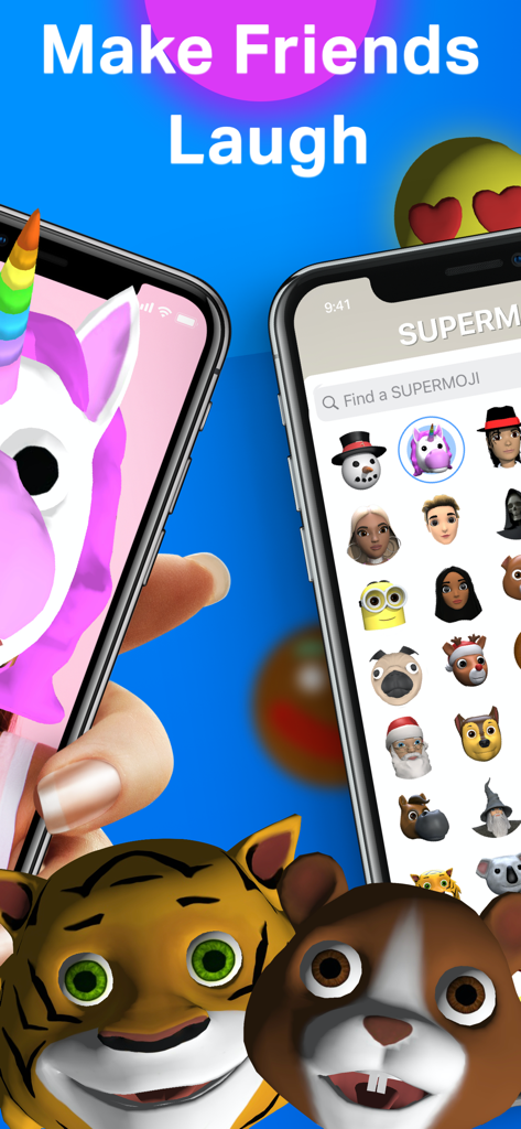 Emoji Maker: Stickers & Gif - Una varietà di personaggi emoji animati 3D e un filtro facciale di unicorno nell'app Emoji Maker