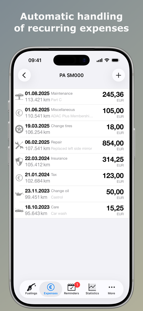 Uma tela móvel do aplicativo Spritmonitor exibindo uma lista de despesas recorrentes do veículo, como seguro de manutenção e reparos
