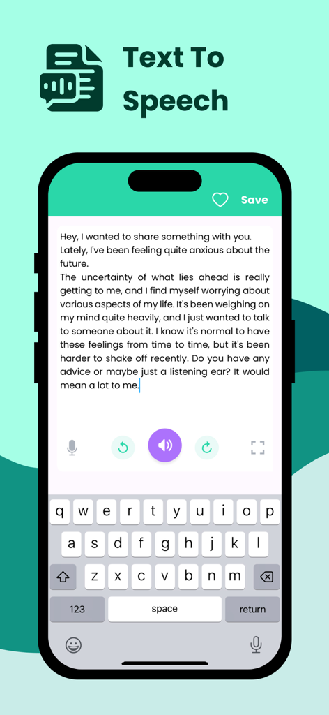 Text To Speech With AI. - Interfaz de aplicación móvil para Texto a Voz con IA que muestra un editor de texto con controles de reproducción y grabación de audio
