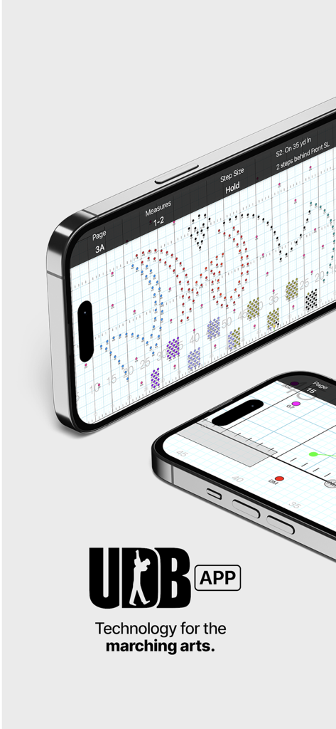 UDBapp Pro - Two smartphones displaying the UDBapp Pro interface with digital marching band drill formations and coordinate coordinates