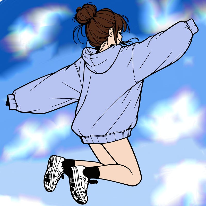 realistic girl jumping with a bun and oversized sweatshirt