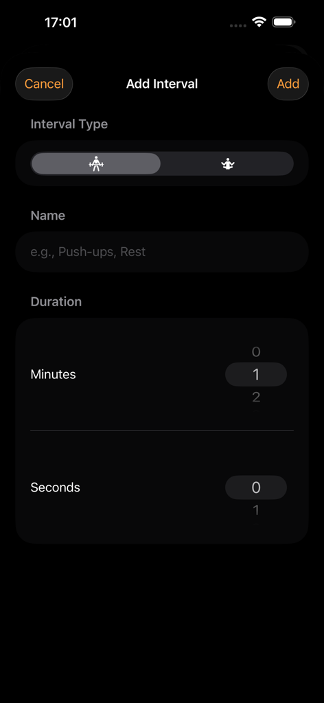 Voice interval timer - Interface for manually adding a workout interval with duration pickers and type selection