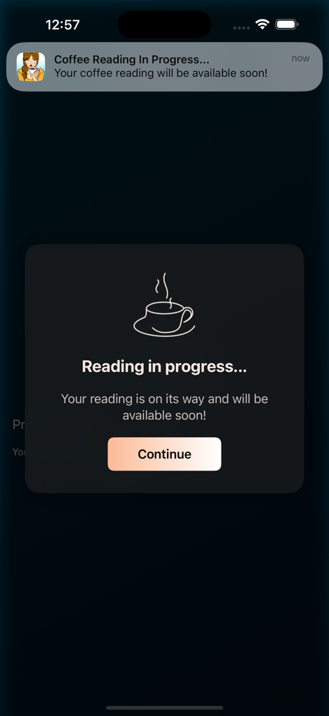 Turkish coffee reading in progress screen with notification