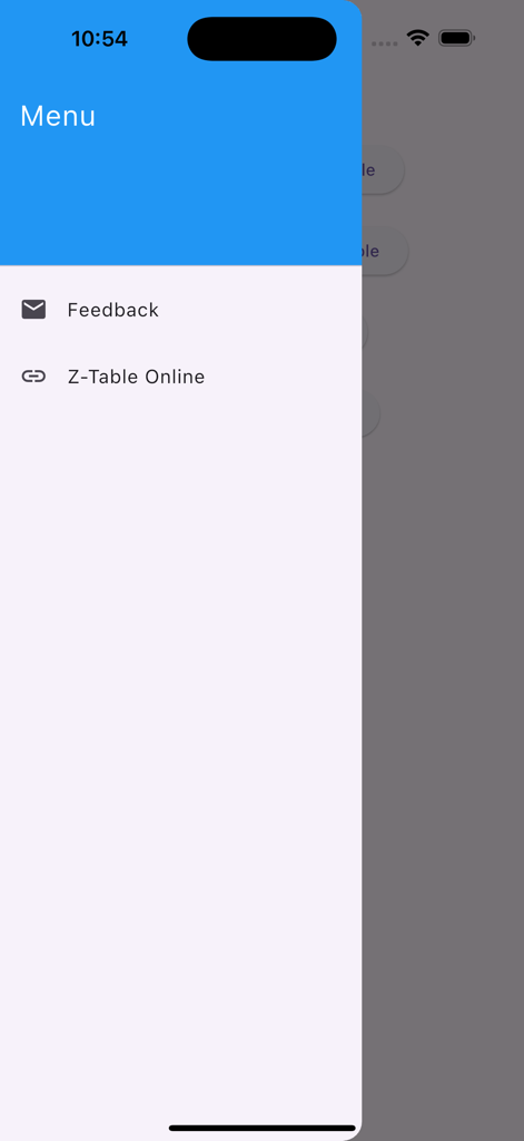 Z-Table - Side drawer menu of the Z-Table application displaying options for feedback and a link to the online version.