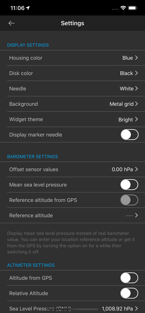 Settings interface for Barometer Plus app displaying options for barometer and altimeter calibration and visual themes
