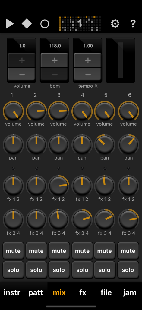 Elastic Drums - Elastic Drums mixer interface featuring 6 channels with knobs for volume, pan, effects, and mute-solo buttons.