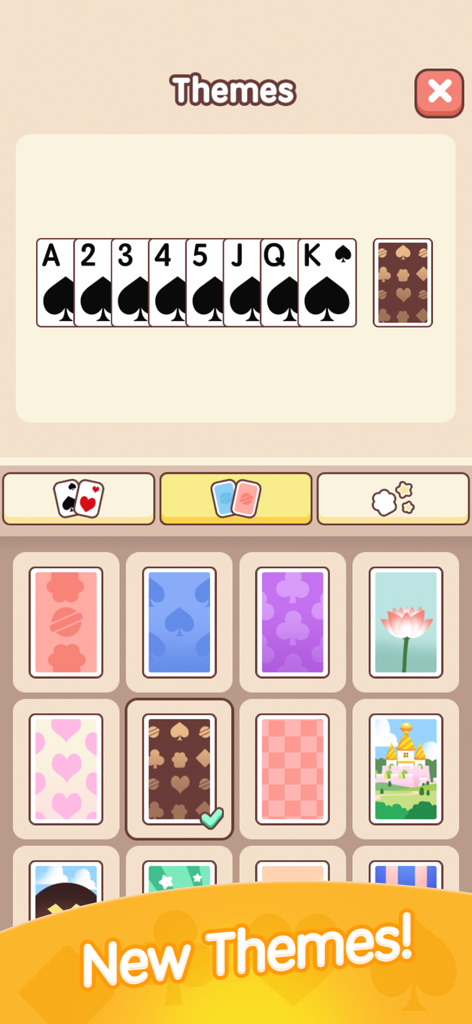A menu showing various colorful and cute card back designs to customize the Solitaire game