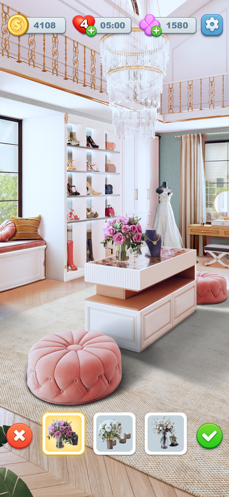 Screw Frenzy: ASMR Home - Una scena di decorazione di un lussuoso guardaroba nel gioco mobile Screw Frenzy ASMR Home.