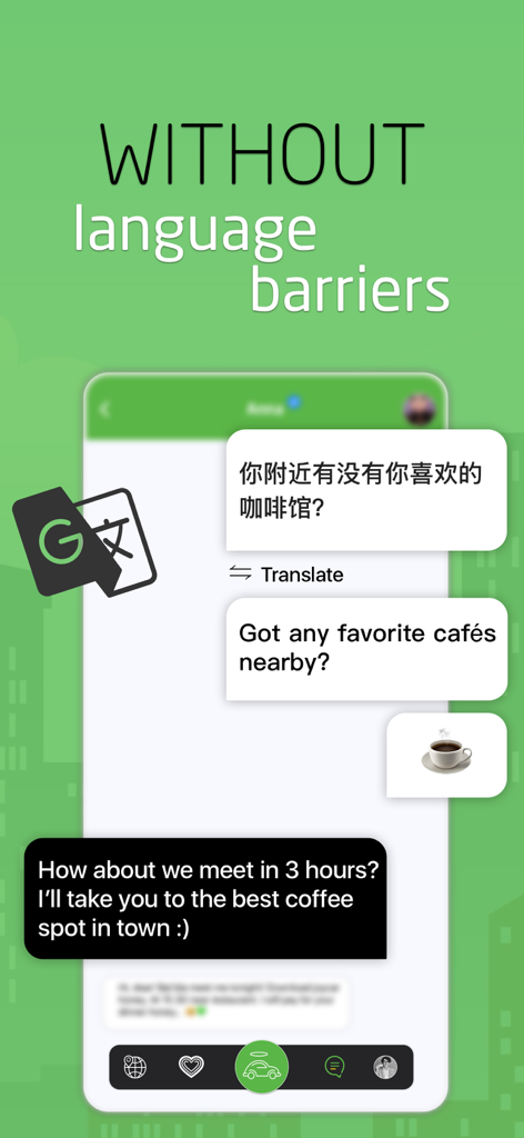 JOYCAR - Drive, Chat & Dating - Screenshot of the JOYCAR app chat interface showing a real time message translation from Chinese to English for a coffee date