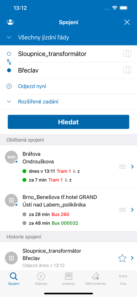 Jizdni rady IDOS mobile app interface for searching public transport connections and viewing favorite routes