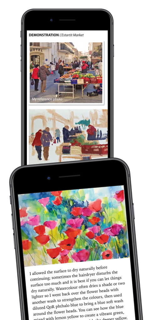 L'app The Artist Magazine che mostra tutorial di pittura ad acquerello e foto di riferimento su dispositivi mobili