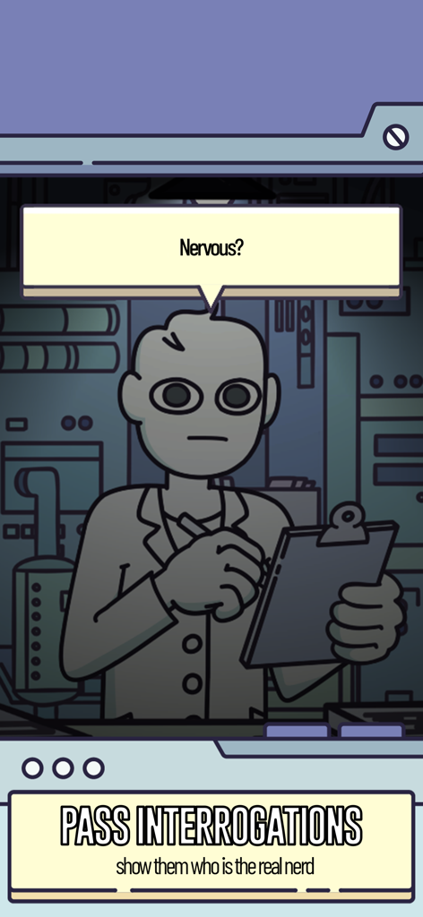 말풍선으로 '긴장된'이라고 묻는 심문실에 있는 카툰 과학자 캐릭터