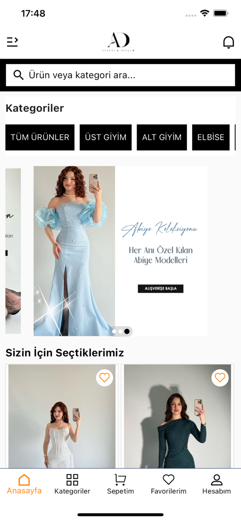 Ayşenur Dinçer Butik shopping app home screen featuring clothing categories and fashion collections