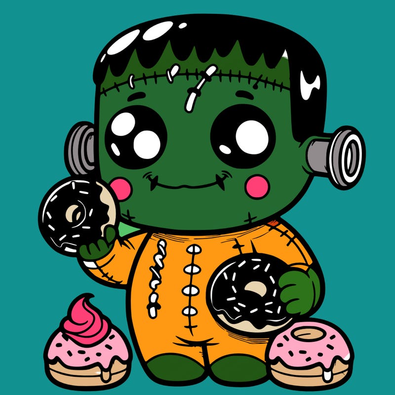 a cute frankenstein eating donuts