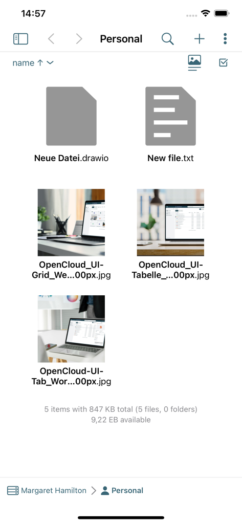 Vue en grille de fichiers personnels, y compris des documents et des images, dans l'application mobile OpenCloud