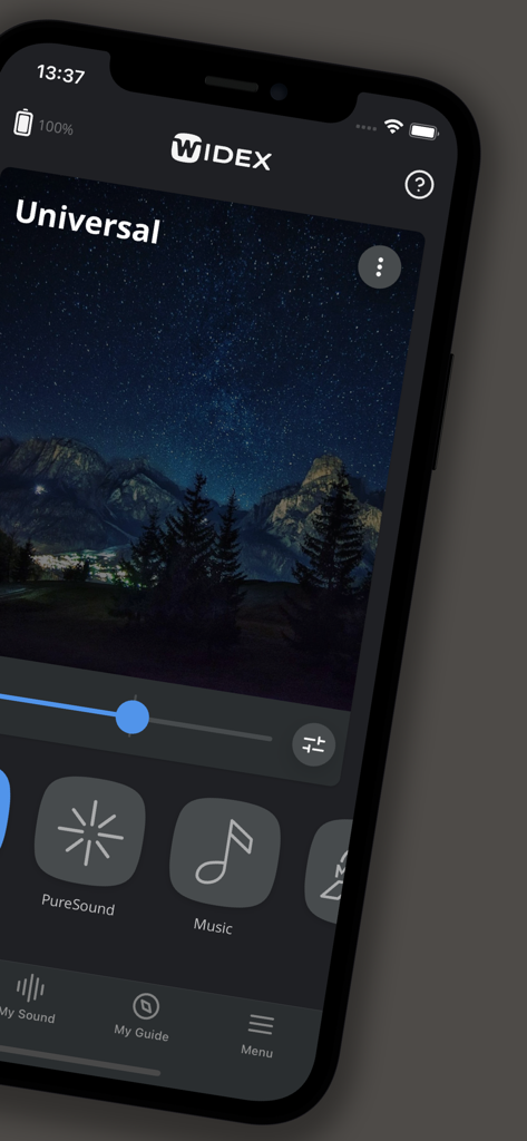 WIDEX MOMENT app interface on an iPhone displaying the Universal sound program with volume control and profile selection