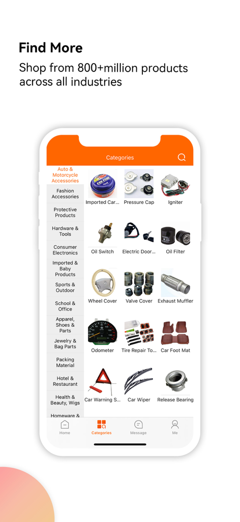 Tela de categorias do aplicativo móvel YiwuGo mostrando autopeças e eletrônicos no atacado para revendedores