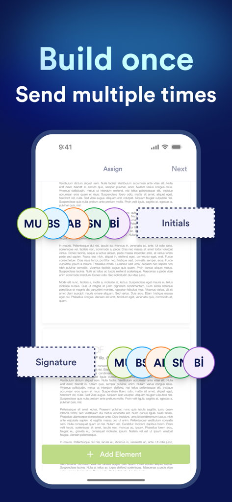 Jotform Sign, Fill & Send Docs - Interfaz de la aplicación Jotform Sign que muestra la asignación de documentos con campos de firma e iniciales para múltiples destinatarios