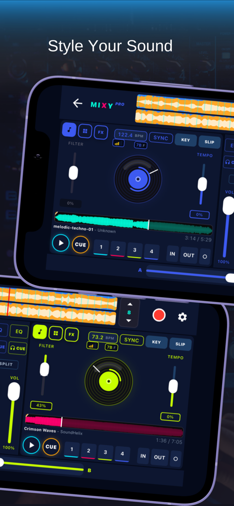 Neon colored professional DJ mixing interface on a smartphone screen.