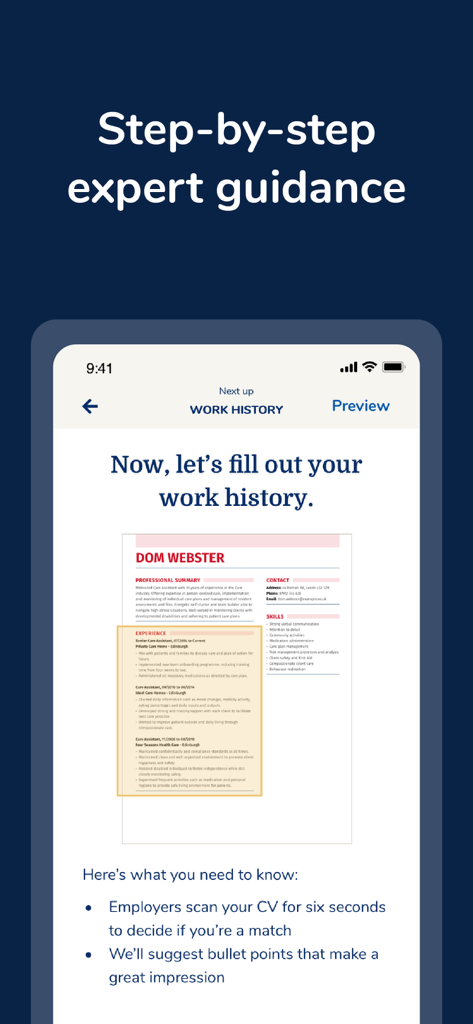 Interfaz de la aplicación MyPerfectCV que muestra consejos de expertos para completar el historial laboral en un currículum.