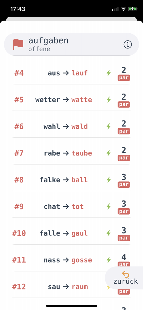 swop - ein wortspiel - A list of word transformation tasks and challenges in the swop mobile puzzle game.