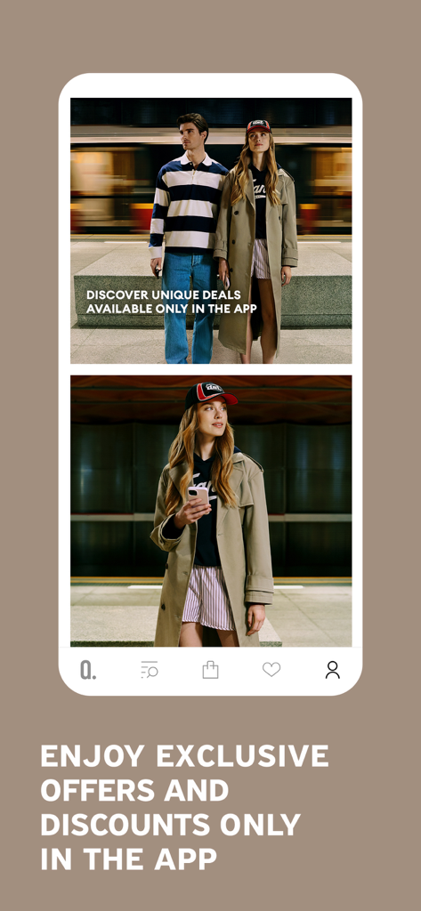 Pantalla de la app Answear mostrando ofertas y descuentos exclusivos con modelos de moda en un entorno urbano.