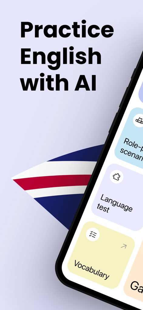 Learn English with AI - Mobile app interface titled Practice English with AI showing options for language tests and vocabulary