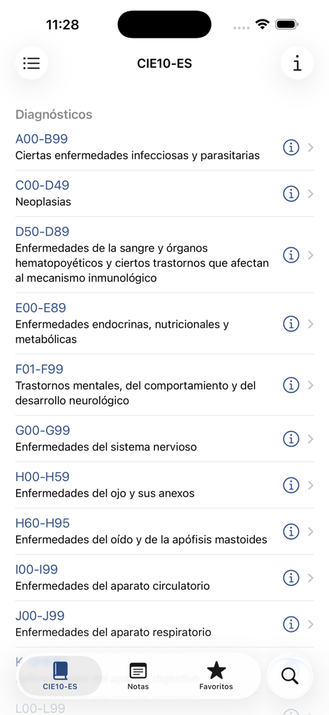 cie10-es - CIE10-ES app screen showing a list of medical diagnostic categories and their corresponding ICD-10 code ranges in Spanish.