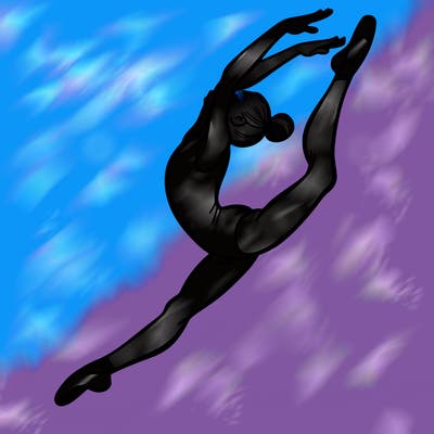 gymnast doing a leap in a leotard with a bent back leg