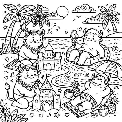 Get ready for a super cute summer adventure with these Kawaii Giants enjoying a tropical beach day. This delightful coloring page features adorable characters building sandcastles and relaxing by the ocean, perfect for a sunny creative escape.