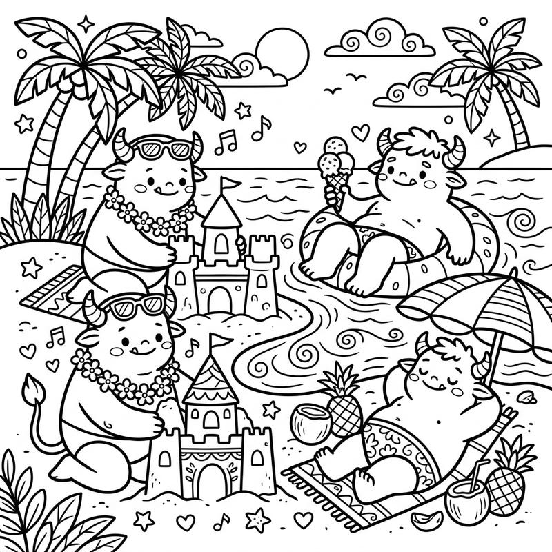 Get ready for a super cute summer adventure with these Kawaii Giants enjoying a tropical beach day. This delightful coloring page features adorable characters building sandcastles and relaxing by the ocean, perfect for a sunny creative escape.