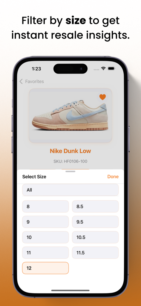 Deal Reaper - 나이키 덩크 로우 스니커즈의 리셀 인사이트를 얻기 위한 사이즈 선택 메뉴가 있는 스마트폰의 딜 리퍼 앱 인터페이스.