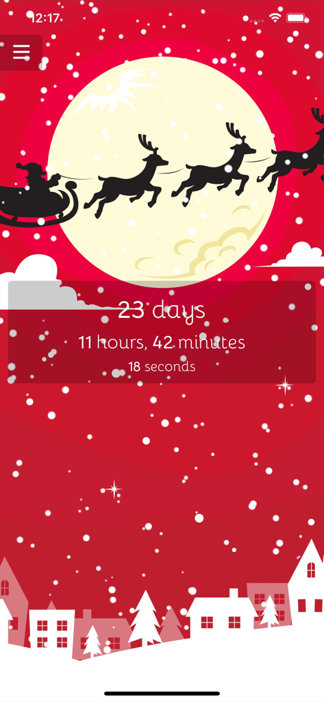 Christmas Countdown (2026) - A festive Christmas countdown showing Santa and his reindeer flying across a full moon over a snowy village.