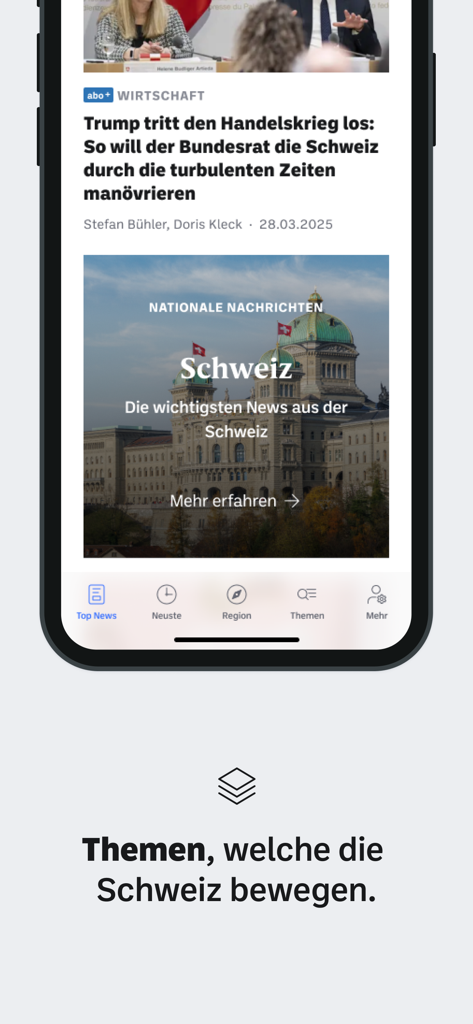 Obwaldner Zeitung - Mobile app interface of Obwaldner Zeitung showing Swiss national news topics.