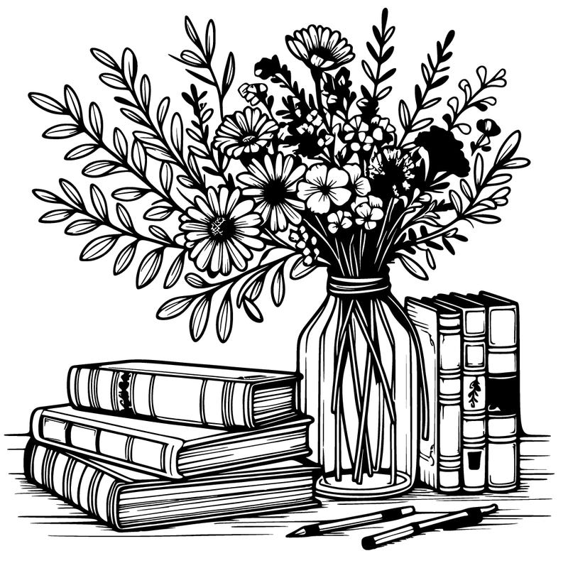 rustic books and vase full of beautiful flowers realistic