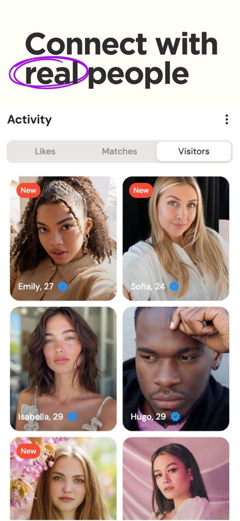 Screenshot of InMessage app showing the activity screen with a list of profile visitors and verified users.