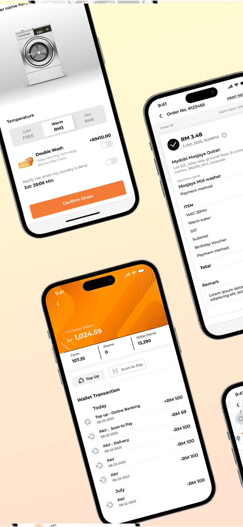 Dime Pay - Mobile app screens for Dime Pay showing washing machine settings a digital wallet and transaction history for cashless laundry services