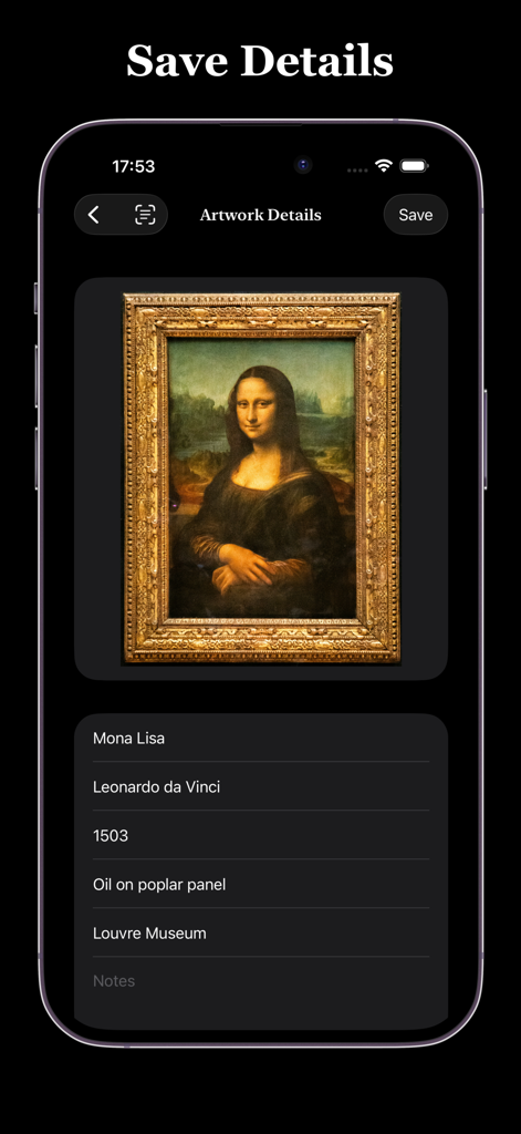 Simple Art Scanner - App Simple Art Scanner che mostra i metadati per un dipinto scansionato della Gioconda