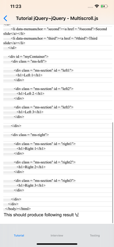 Tutorial for jQuery - jQueryチュートリアルアプリのMultiscrollプラグインのHTMLコードスニペット。