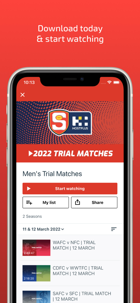 SANFL Now - SANFL Now mobile app interface showing a list of 2022 Men's Trial Matches available for on-demand streaming