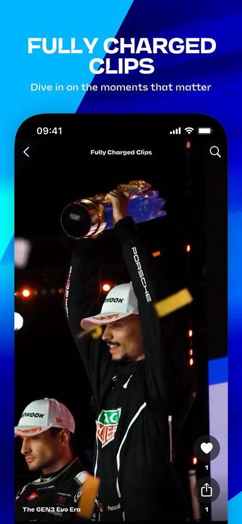 Formula E app video player showing a racing driver celebrating with a trophy