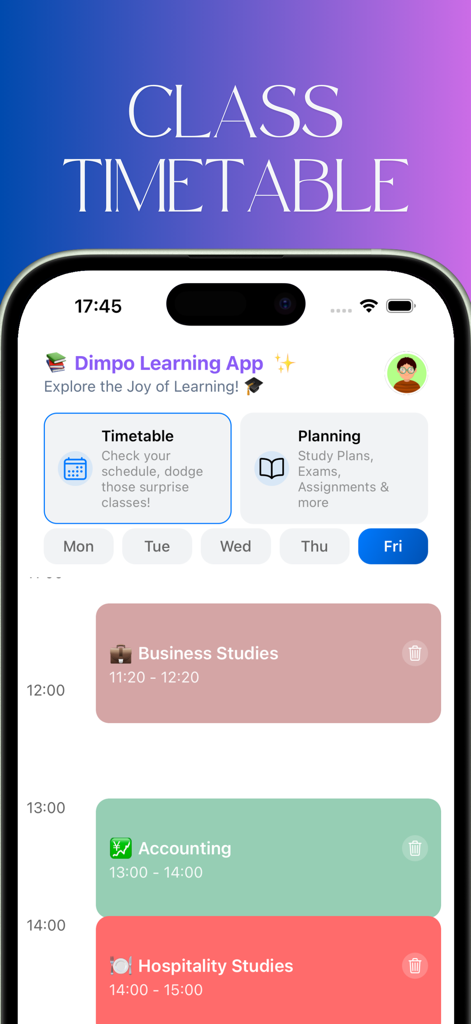 Ein mobiler App-Bildschirm, der einen Stundenplan mit geplanten Fächern wie Betriebswirtschaft und Rechnungswesen zeigt.