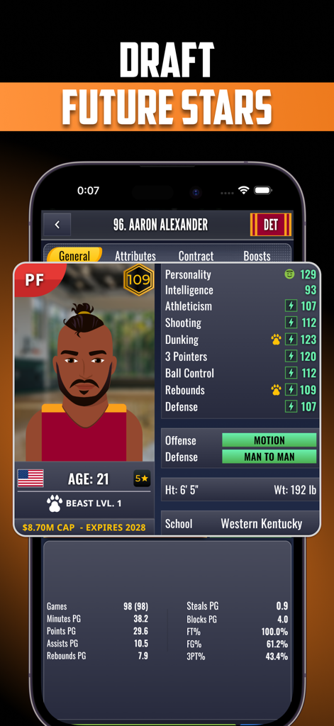 Ultimate Pro Basketball GM - A player profile screen in Ultimate Pro Basketball GM showing detailed stats, attributes, and contract information for a drafted power forward.