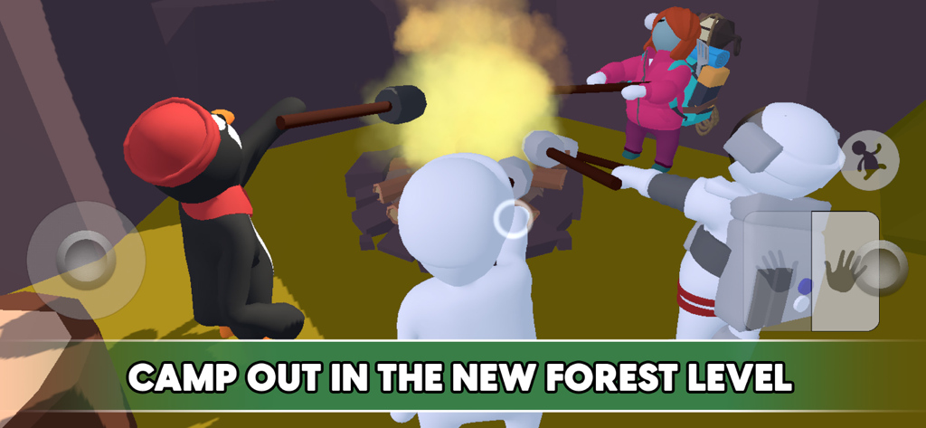 Four customized characters in Human Fall Flat roasting marshmallows around a campfire in the forest level